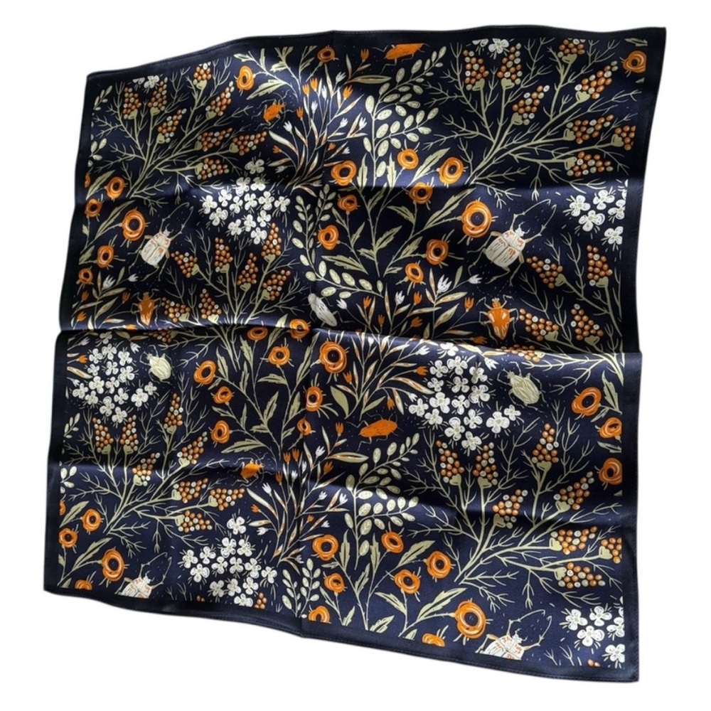 Floral Print Silk Scarf in Navy and Orange